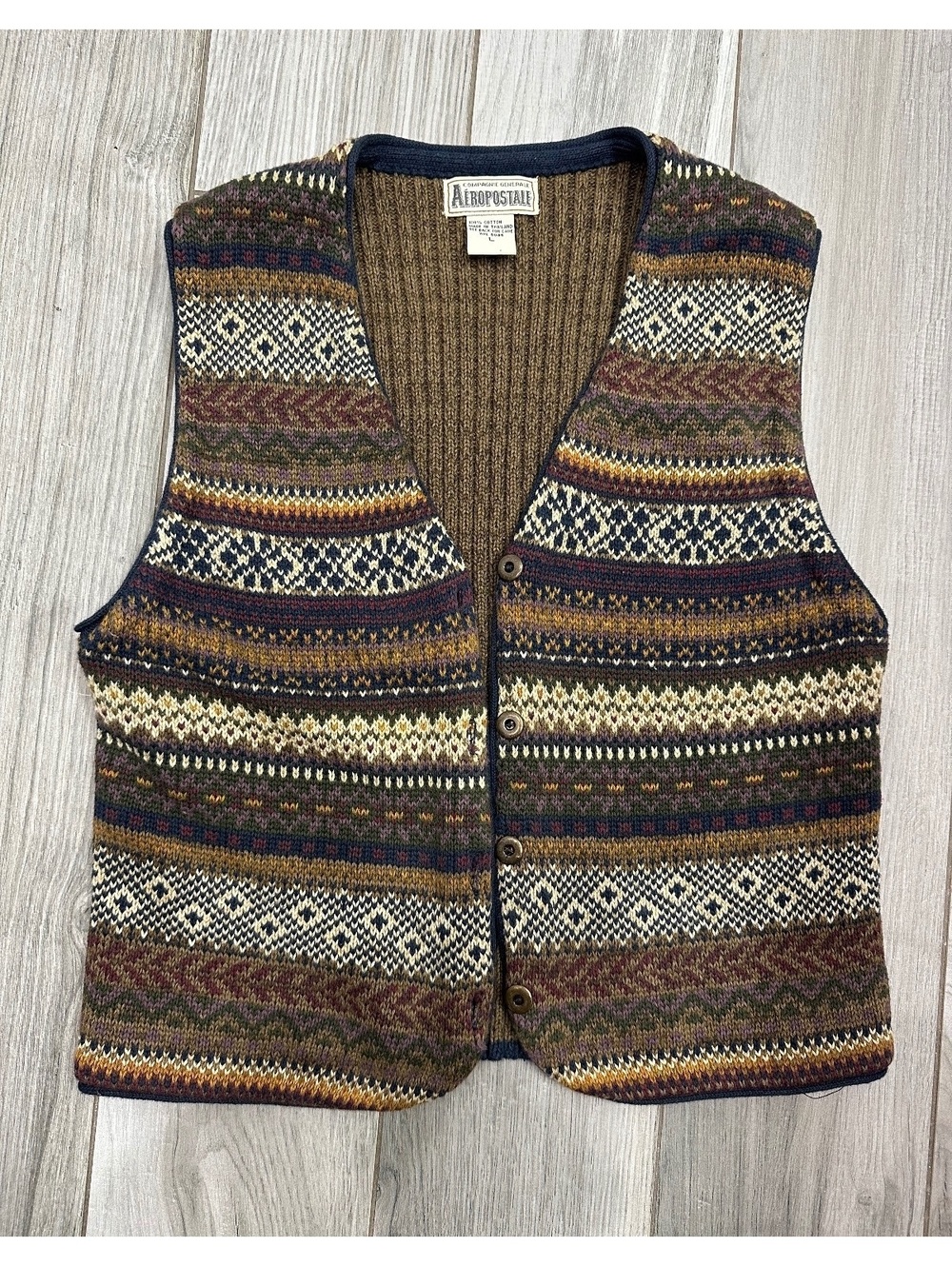 Vintage Aeropostale Women’s L Fair Isle Sweater Vest Button Front 100% Cotton